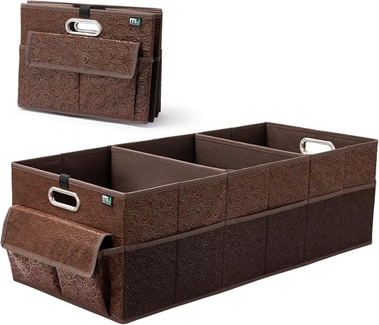 MIU COLOR Trunk Organizer for Car, 12 Pockets Sturdy Car Organizer for SUV, Non-Slip Bottom, Storage Organizer for Sedans, Van, Jeep, Grocery, Large 3 Compartments, Brown Vintage 32"×13"×10.6"