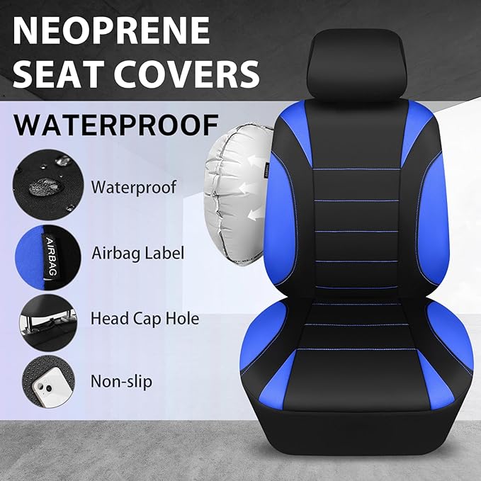 CAR PASS Neoprene Wetsuit Seat Covers, Waterproof Car Seat Covers Front with 5mm Composite EVA, Universal Fit for Car,Sedan SUV Trucks Anti Slip, Airbag Compatible(Black and Blue