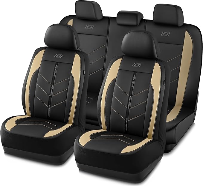 Skechers Car Seat Covers,Luxury Faux Leather Seat Covers,Waterproof Anti Slip Car Seat ProtectorFull Set,Car Accessories Airbag Universal Fit for Most Cars,Vans,Trucks,SUV,Beige