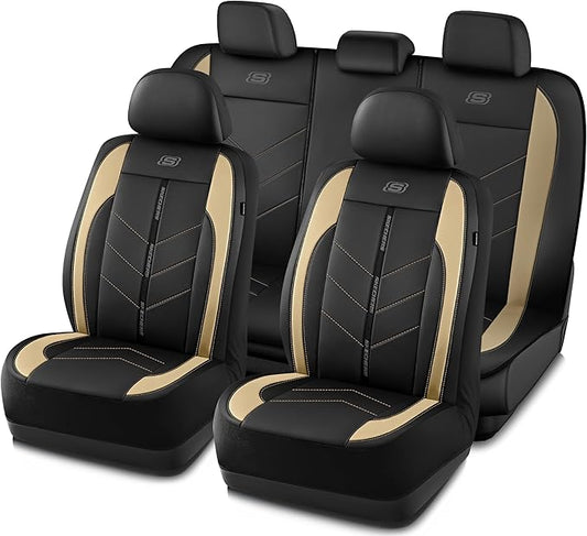 Skechers Car Seat Covers,Luxury Faux Leather Seat Covers,Waterproof Anti Slip Car Seat ProtectorFull Set,Car Accessories Airbag Universal Fit for Most Cars,Vans,Trucks,SUV,Beige