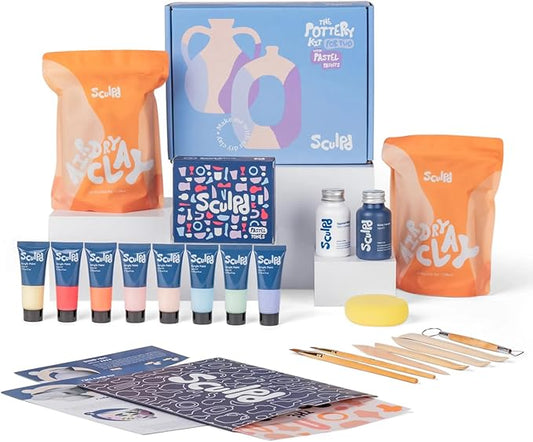 Sculpd - The Original Pottery Kit - Complete Air Dry Clay Kit for Adults Includes Sculpting Tools, Varnish, Paint Brushes, Guides, Arts & Crafts Sets, Gloss Varnish with Pastel Tones
