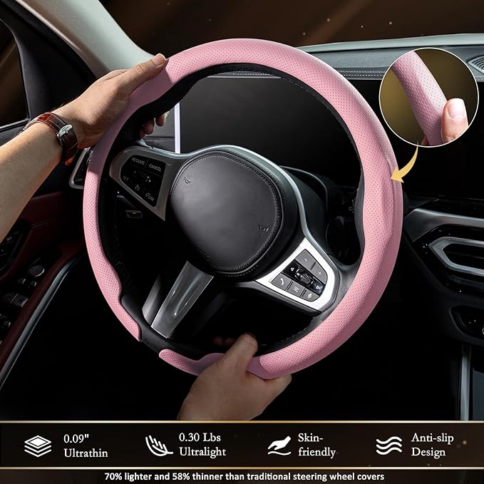 Aimato Nappa Leather Steering Wheel Cover, Ultra-Thin Car Steering Wheel Cover,Comfortable & Breathable Microfiber,Universal Fit for Most Cars,Pink