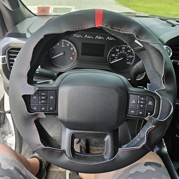 MEWANT DIY Hand Stitch Black Genuine Leather Steering Wheel Cover for Ford F-150 2021-2023 / F-150 Lightning 2022-2023
