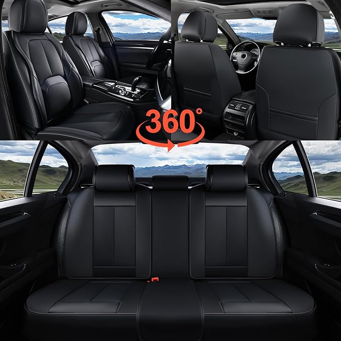Coverado Car Seat Covers Full Set, Premium Nappa Leather Seat Covers for Car, Waterproof Car Seat Protector with Lumbar Support, Automotive Seat Covers Universal Fit for Most Cars SUV Truck(Black)