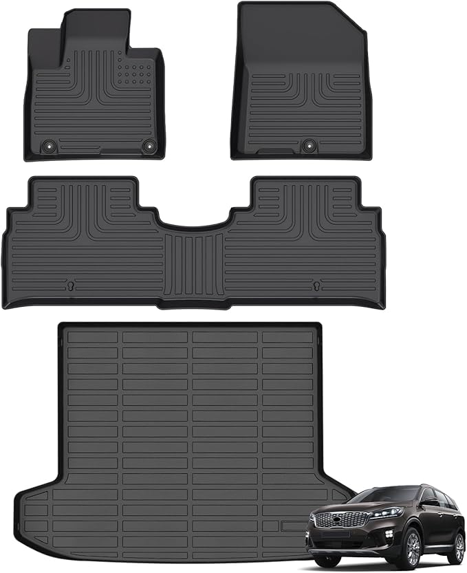 Floor Mats & Cargo Liner Behind The 2nd Row for Kia Sorento 2020-2016 All Weather Automotive TPE Liners Set Anti-Slip Waterproof Floor Liners Accessories Black(Trunk mat only for 5 seat)