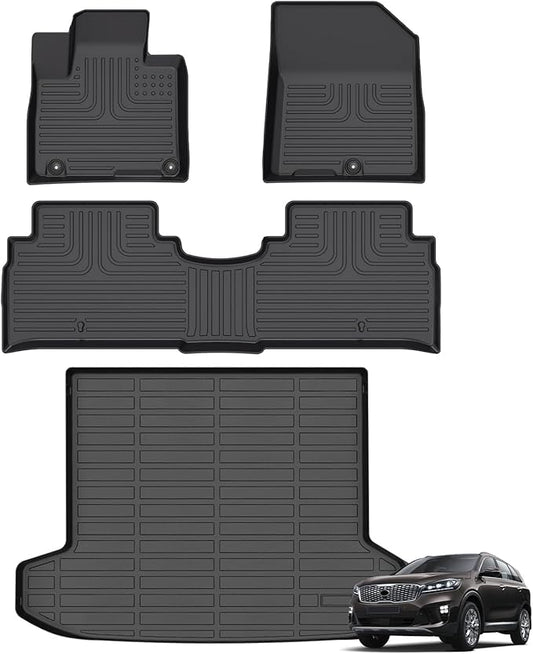 Floor Mats & Cargo Liner Behind The 2nd Row for Kia Sorento 2020-2016 All Weather Automotive TPE Liners Set Anti-Slip Waterproof Floor Liners Accessories Black(Trunk mat only for 5 seat)