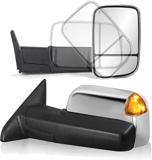 Pair Power Heated Towing Mirrors Compatible for 1998-2001 Dodge 1500 1998-2002 Ram 2500 3500 w/Amber Turn Signal Light Side Tow Mirror Manual Telescoping Fold (Chrome)