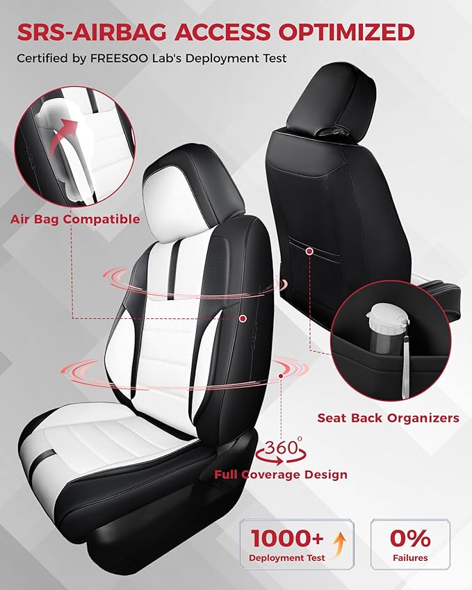 FREESOO Black White Front Car Seat Covers - Faux Nappa Leather Seat Covers for Cars, with Carbon Fiber Texture Seatbelt Pads, Cute Cushion Protectors Fit for Most Vehicles Sedans SUV Trucks Civic