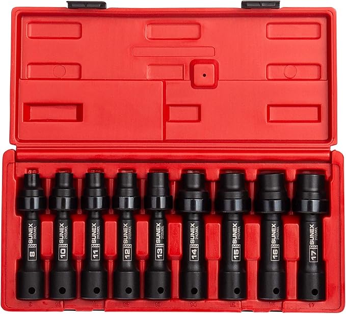 SUNEX TOOLS 2695, ½ Inch Drive Driveline Limited Clearance Socket Set, 12-Point, 9-Piece, Metric, 8mm-17mm, Cr-Mo Steel, Heavy Duty Storage Case