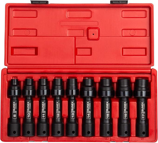 SUNEX TOOLS 2695, ½ Inch Drive Driveline Limited Clearance Socket Set, 12-Point, 9-Piece, Metric, 8mm-17mm, Cr-Mo Steel, Heavy Duty Storage Case