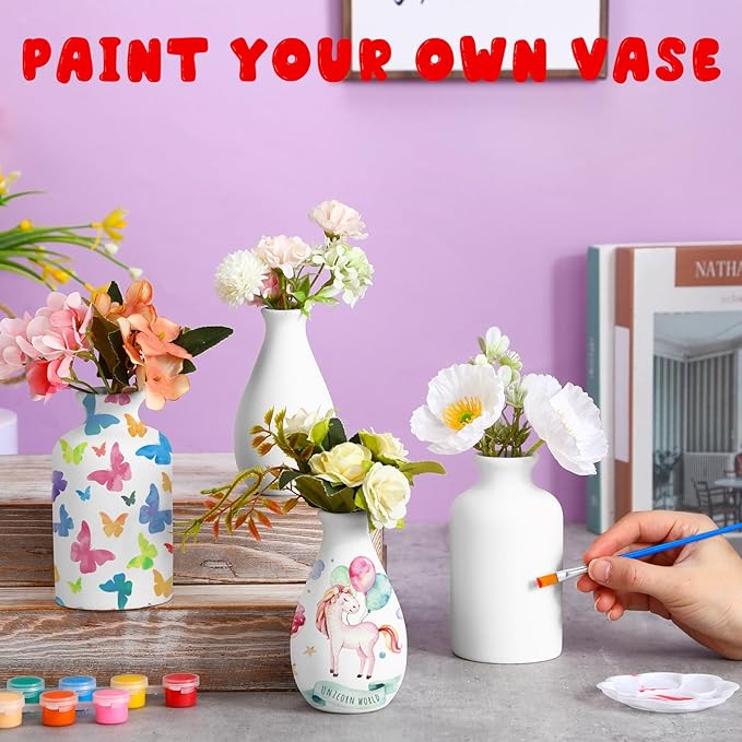 Singhoow 4 Set Paint Your Own Porcelain Paint Vase Art Project White Ceramic Painting Kit for Adults Porcelain Vase Decorating Kit with Christmas Holiday Supplies DIY(Charming)