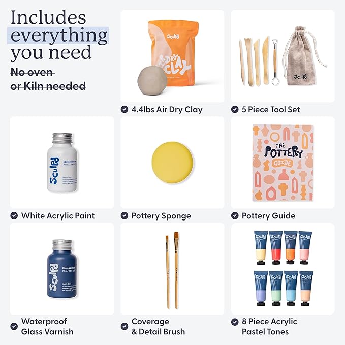 Sculpd - The Original Pottery Kit - Complete Air Dry Clay Kit for Adults Includes Sculpting Tools, Varnish, Paint Brushes, Guides, Arts & Crafts Sets, Gloss Varnish with Pastel Tones