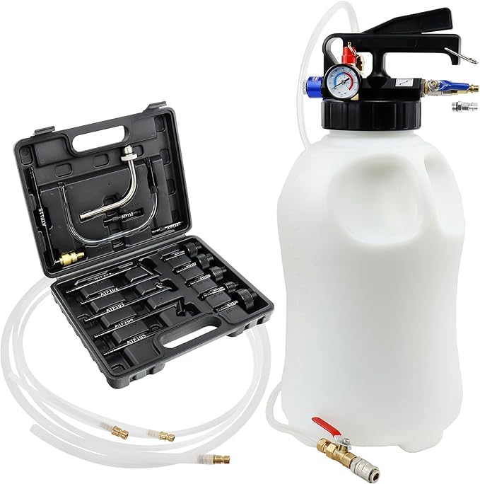 JoyFans 10L Pneumatic Transmission Fluid Pump Extractor and Dispenser, Gearbox Oil Transfer System Refill Fill Evacuator Tool Kit with 15PCS ATF Adapters for Most Garage Shop Vehicles