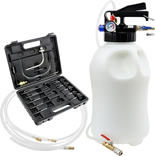 JoyFans 10L Pneumatic Transmission Fluid Pump Extractor and Dispenser, Gearbox Oil Transfer System Refill Fill Evacuator Tool Kit with 15PCS ATF Adapters for Most Garage Shop Vehicles