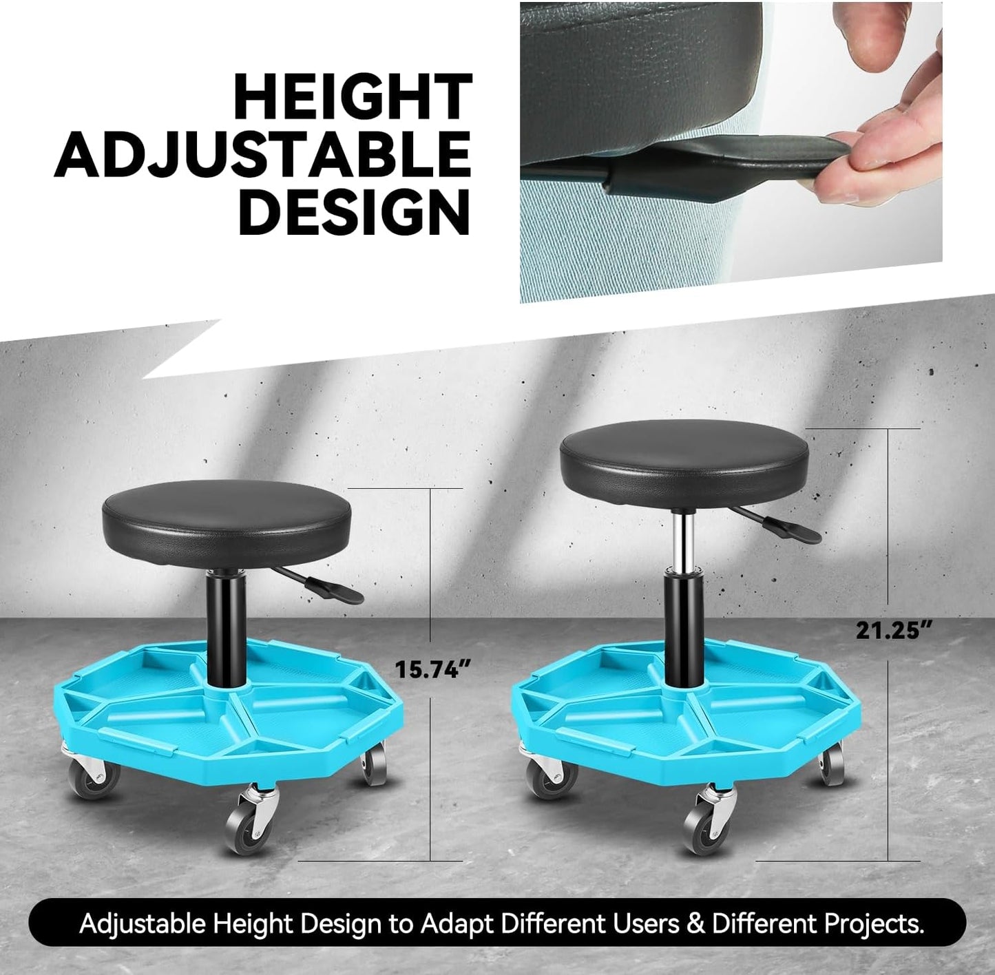 Auto Dynasty Mechanic Stool, Adjustable Rolling Pneumatic Creeper Garage Shop Seat with Tool Tray, 300 LBS Roller Seat for Workshop Auto Repair, Adjustable Height 15.7" to 21", Black/Blue