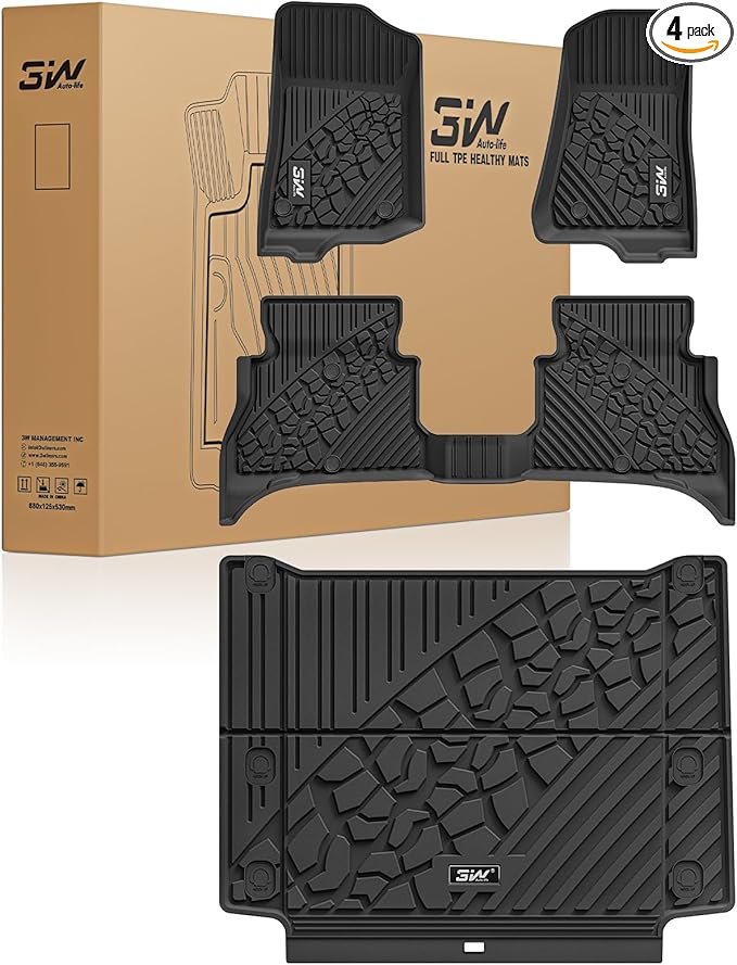 3W Floor Mats & Cargo Liner Custom Fit for Jeep Wrangler 4XE 2021-2024 2025 (Non JL/JK), All Weather TPE Rubber Heavy Duty Car Liner Trunk Mat Wrangler 4XE Accessories (Hybrid & 4 Door with Subwoofer)