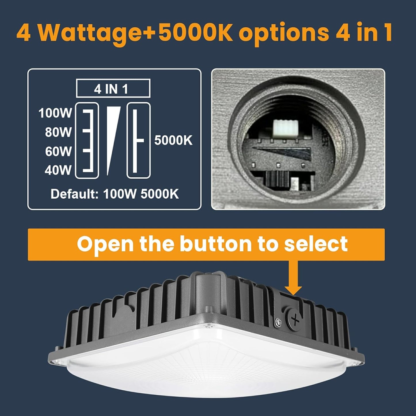 LED Canopy Light 100W, 40/60/80/100W Selectable, 5000K 15000Lumens Commercial Canopy LED Lights Outdoor, Gas Station Carport Light for Garage Shop Warehouse, IP65, DIM, 100-277VAC, ETL Listed