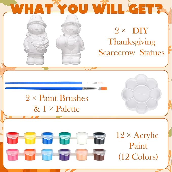 Seenelling 2 Pack Fall Thanksgiving Scarecrow Ready to Paint Your Own Statues 4'' DIY Unpainted Ceramics Figurines Kit Blank Paintable Ceramics Classroom Art and Crafts Decorations