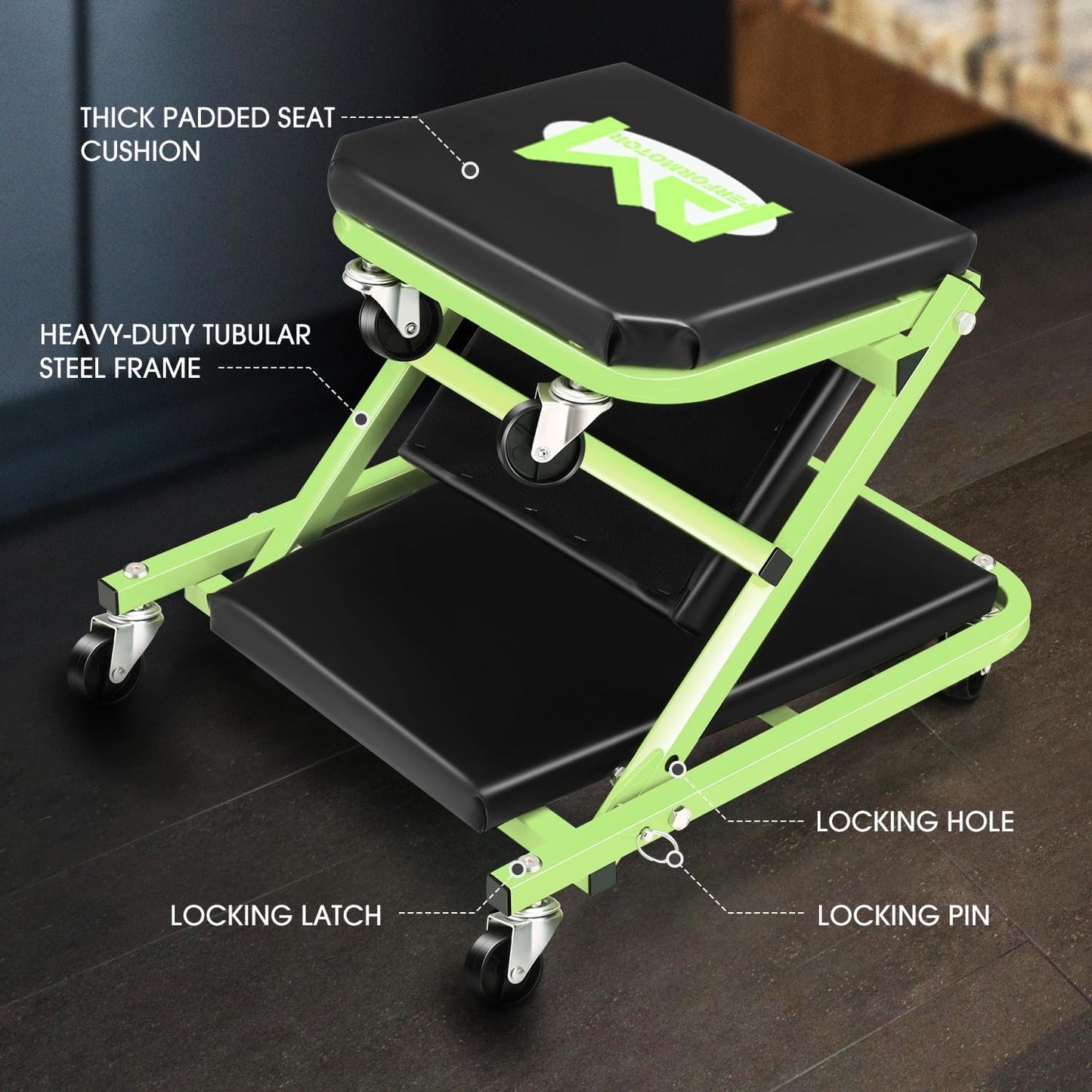 PM PERFORMOTOR 36 Inches Folding 2 in 1 Rolling Z Creeper, Adjustable Roller Garage Chair Lay Down or Sit, 6 Pcs 2" Casters, 150kg Weight Capacity, Green,PM-TOL-CPS36-GR