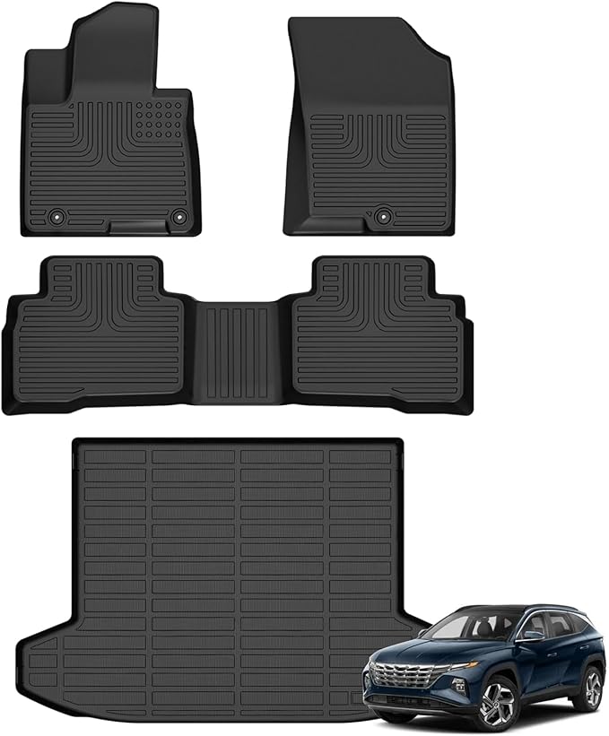 Floor Mats & Cargo Liner for Hyundai Tucson Hybrid 2025 2024 2023 2022 (Not For PHEV) All Weather Automotive TPE Liners Set Anti-Slip Waterproof Floor Liners Accessories (Car Mats+Trunk Mat)Black