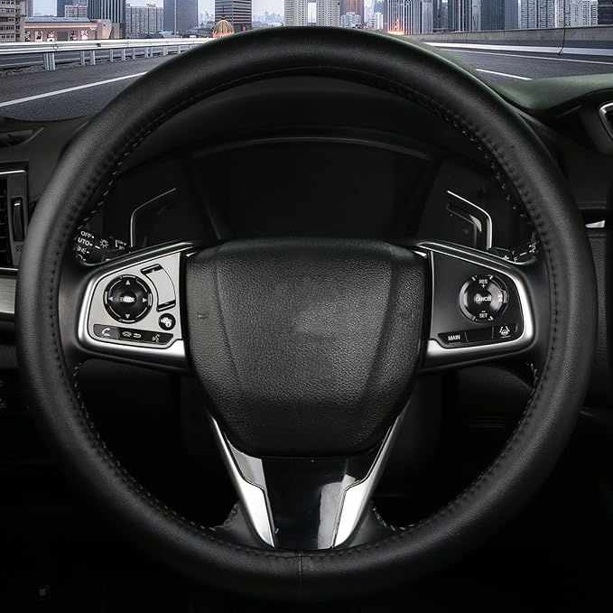 Leather Steering Wheel Cover, Anti-Slip, Safety, Soft, Breathable, Adaptable to 14.5-15 inches Steering Wheel Fit SUV Jeep Van Sedan, Car Steering Wheel Protector for Women Men,Classic Black