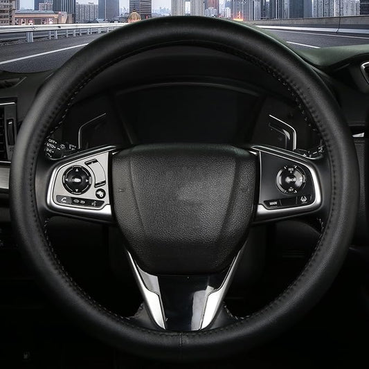 Leather Steering Wheel Cover, Anti-Slip, Safety, Soft, Breathable, Adaptable to 14.5-15 inches Steering Wheel Fit SUV Jeep Van Sedan, Car Steering Wheel Protector for Women Men,Classic Black