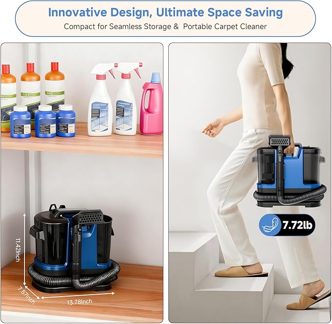 Portable Spot Cleaner Machine for Carpet and Upholstery - 18Kpa Carpet Cleaner with Dual BrushHeads, Easy Move, Cleaning Machine for Furniture, Couch, Stairs, Car and Pet Stain, Blue