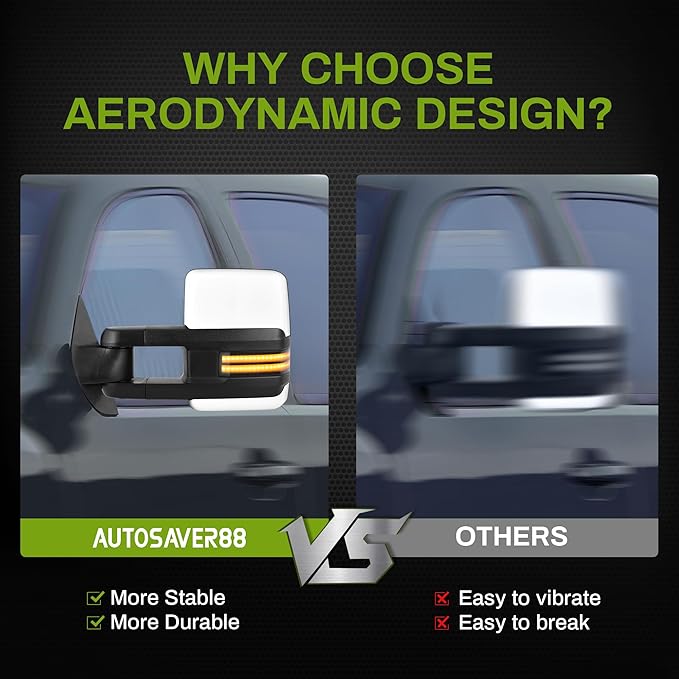 AUTOSAVER88 Towing Mirror Compatible with 2003-2006 Silverado Sierra 1500 2500 HD 3500 HD Escalade Tahoe Yukon, Power Heated Switchback LED Turn Signal Running Light Manual Telescoping Folding White