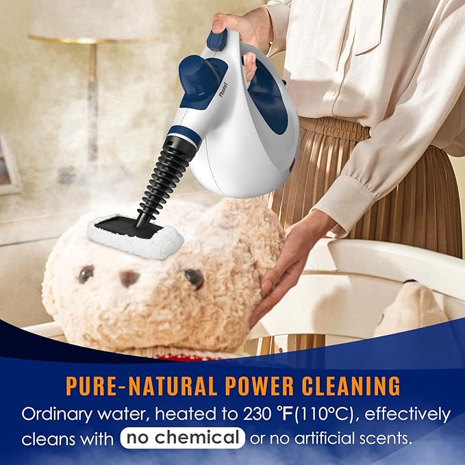 Pressurized Handheld Multi-Surface Natural Steam Cleaner with 12 pcs Accessories, Multi-Purpose Steamer for Home Use, Steamer for Cleaning Floor, Upholstery, Grout and Car (White&Blue)
