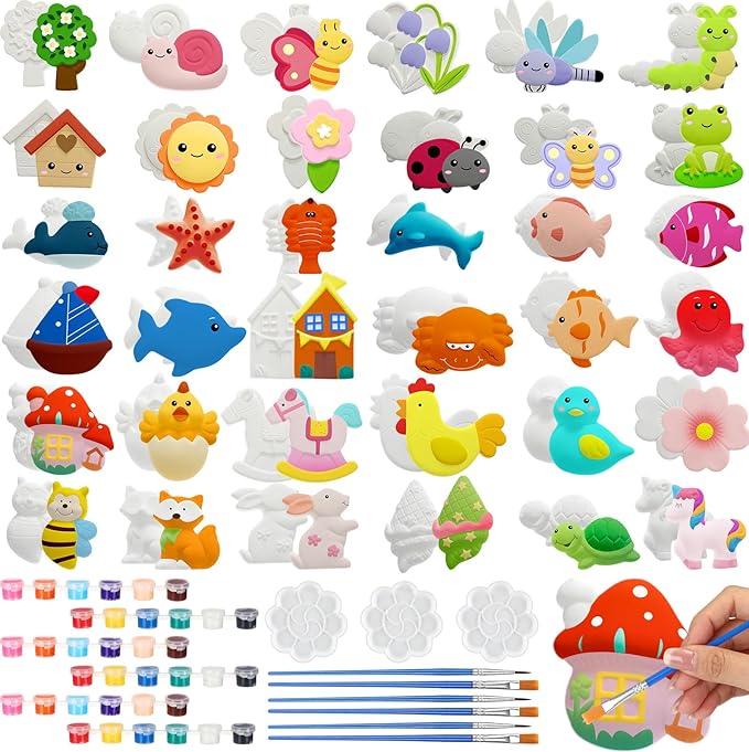 HyDren 81 Pcs Spring Summer Ceramic Painting Kit for Kids Paint Your Own Ceramic Figurines Arts and Crafts DIY Farm Animals Ocean Paintable Figurine Plaster Drawing Kit for Girls Boys Toddler Activity