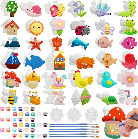 HyDren 81 Pcs Spring Summer Ceramic Painting Kit for Kids Paint Your Own Ceramic Figurines Arts and Crafts DIY Farm Animals Ocean Paintable Figurine Plaster Drawing Kit for Girls Boys Toddler Activity