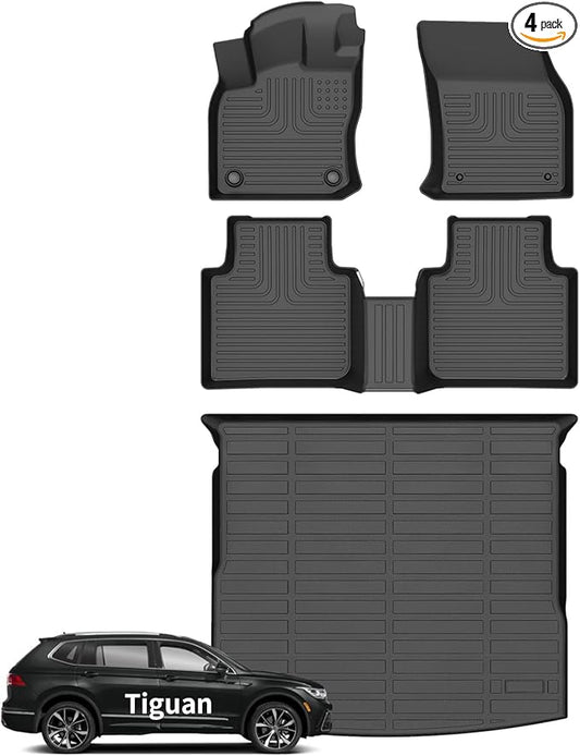 Wayhigh-All Weather Floor Mats Cargo Liner for Volkswagen Tiguan 2018 2019 2020 2021 2022 2023 2024 TPE Car Mats Cargo Mat Waterproof Anti-Slip Floor Liners VW Tiguan Accessories- Black