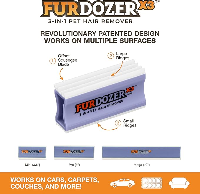 FurDozer Pet Hair Remover & Auto Detailing Tools - Cat & Dog Hair Remover for Carpets, Car Interiors, Couches, Bedding, & Pet Furniture (Purple, X3 MINI - 3.5" Long)