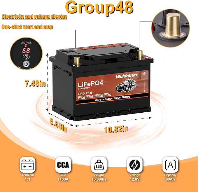 G48 Lithium Automotive Battery – 12.8V 60Ah 1100CCA Ultra-Durable, High Cranking Amps, and Quick Charge Time | Reliable for Any Vehicle