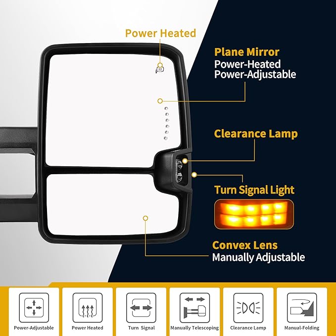 DWVO Power Heated Towing Mirrors for 2007-2014 Chevy Silverado GMC Sierra | Foldable LED Signal Lights with Manual Telescoping | Compatible with 2500HD 3500HD Heavy Duty Trucks Tahoe Suburban Denali