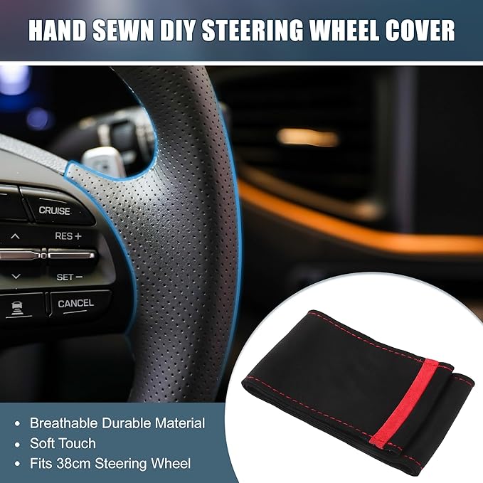 Car Hand Sewn DIY Steering Wheel Cover Breathable Comfortable 32-35cm Stitch on Wrap Cover Suede Red Black Stitches Red