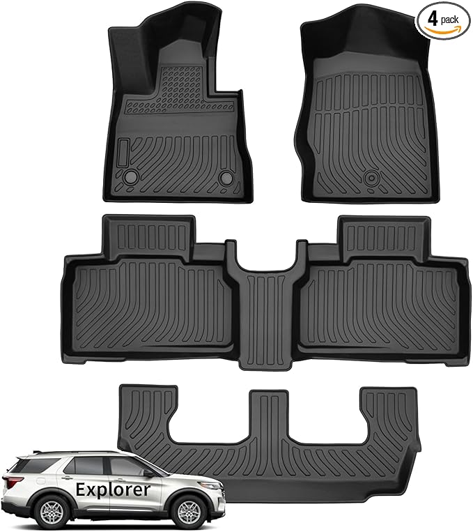 Wayhigh-All Weather Floor Mats Fit for 2020-2025 Ford Explorer 7 Seats TPE Car Mats Waterproof Heavy Duty Rubber Floor Liners for Explorer Accessories Custom Fit Black Liners