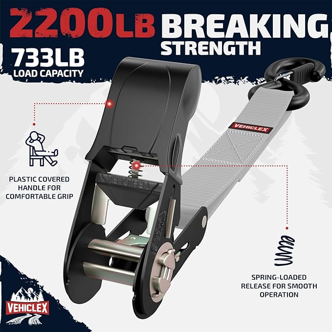 Ratchet Tie-Down Straps Set - (1" x 15', 2200lbs Breaking Strength) - Vehiclex Soft Loops, Coated S-Hooks, Storage Bag for ATV, Motorcycle, Bicycle, Kayak, Cargo Securing, Silver