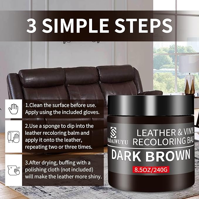 Leather Recoloring Balm,8.5oz Leather Color Restorer,Dark Brown Leather Repair kit for Furniture and Car Interior,Leather Couch Scratch Repair,Leather Dye Paint for Faded,Cracked and Damaged Leather