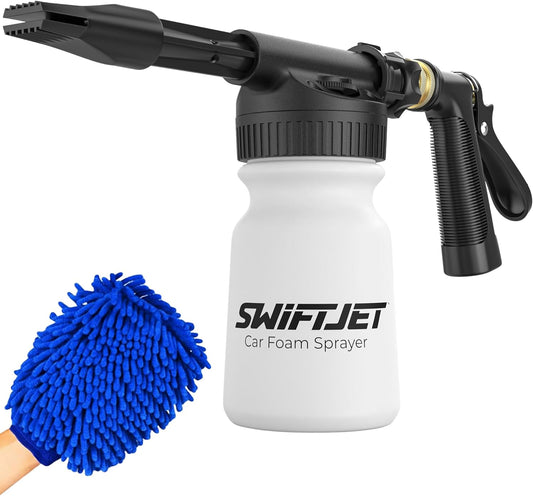 SwiftJet Car Wash Foam Sprayer Gun with Microfiber Wash Mit - Adjustable Water Pressure & Soap Ratio Dial - Foam Cannon Attaches to Any Garden Hose (Foam Sprayer with Wash Mit (Black))