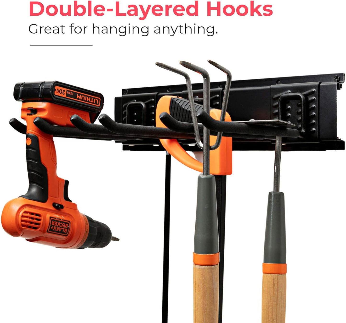 Heavy-Duty Garage Wall Storage System | Wall Mounted Tool Organizer Rack with Shelving | 10-Piece Mounting Kit | Includes 4x8.5” Adjustable Hooks & 2x16.5” Floating Utility Shelves