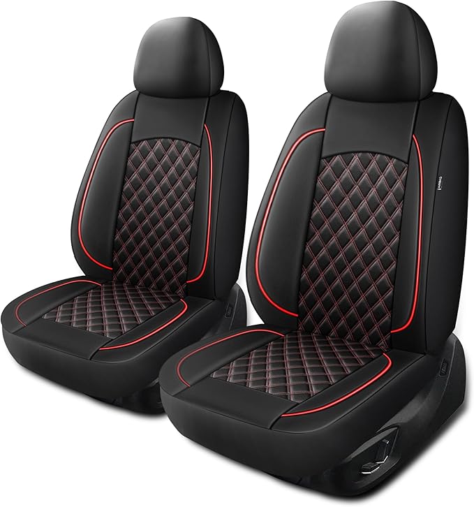 Leather Car Seat Covers,Breathable and Waterproof Napa Leather Automotive Seat Cover,Universal Interior for Cars,Sedans,SUVs,Vans,Trucks(Front Seat,Black+Red,N3)