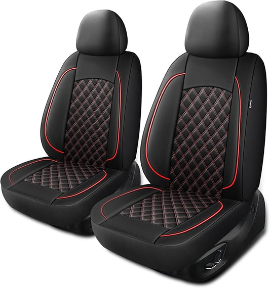 Leather Car Seat Covers,Breathable and Waterproof Napa Leather Automotive Seat Cover,Universal Interior for Cars,Sedans,SUVs,Vans,Trucks(Front Seat,Black+Red,N3)