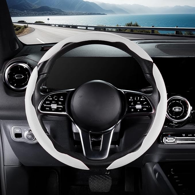 Nappa Leather Car Steering Wheel Cover for Men Women, Ultra-Thin Non-Slip Breathable Microfibre, Universal for 14.5"-15" Steering Wheel - White