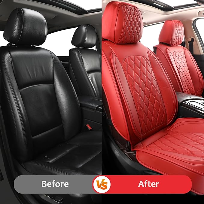 MIROZO Seat Covers Full Set,Waterproof Faux Leather Car Seat Covers Breathable Car Seat Protector Universal Automotive Vehicle Cushion Cover for Most Sedan, Truck and SUV (Full Set, Wine Red