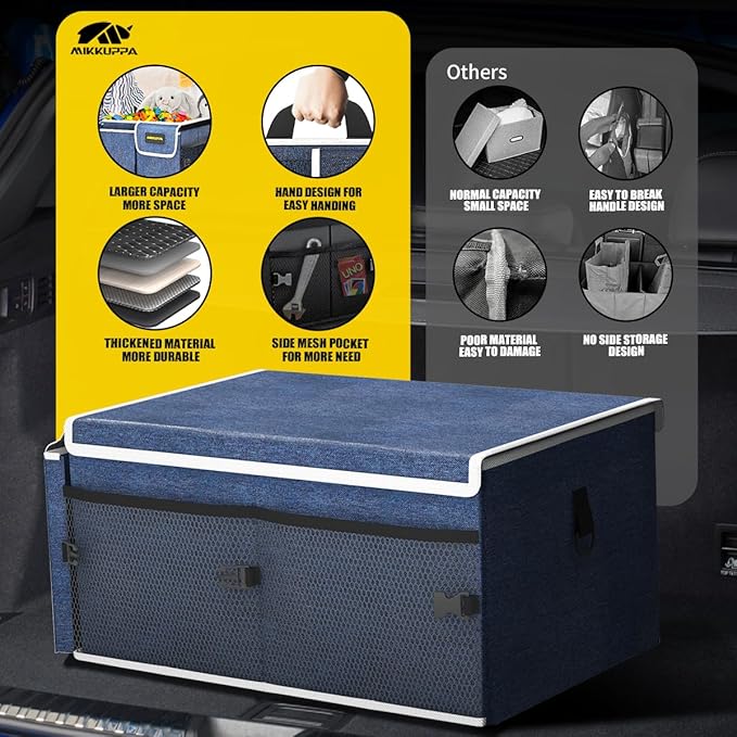 MIKKUPPA Car Trunk Organizer - 65L Collapsible Trunk Organizer with Lid, Sturdy Car Storage for SUV Auto Truck Van with Adjustable Straps and Non Slip Bottom (Blue)