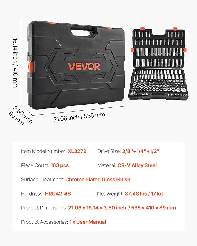 VEVOR Socket Set, 163 Pieces, 3/8 & 1/4 & 1/2 inch Drive Socket Tool Set, SAE and Metric, Deep and Standard, Mechanic Tool Kit with Storage Case, Chrome Plated CR-V Alloy Steel, for Automotive Repair