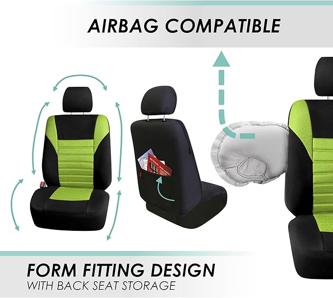FH Group Automotive Car Seat Covers Front Set Premium 3D Air Mesh Front Seat Covers, Airbag Compatible Universal Fit Interior Accessories for Cars Trucks and SUVs - Green