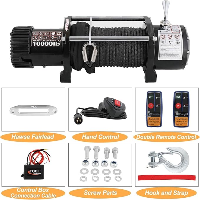 12V 10000LBS Electric Winch Synthetic Rope Electric Winch for Towing ATV/UTV Off Road with Mounting Bracket Wireless Remote,Black