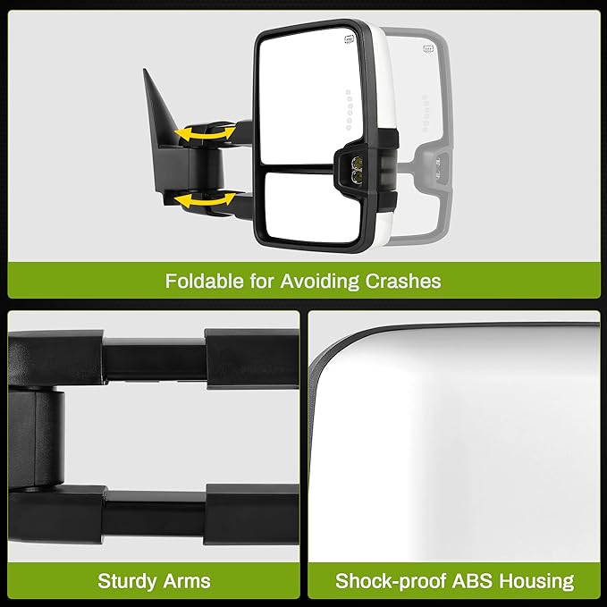 AUTOSAVER88 Towing Mirror Compatible with 2003-2006 Silverado Sierra 1500 2500 HD 3500 HD Escalade Tahoe Yukon, Power Heated Switchback LED Turn Signal Running Light Manual Telescoping Folding White